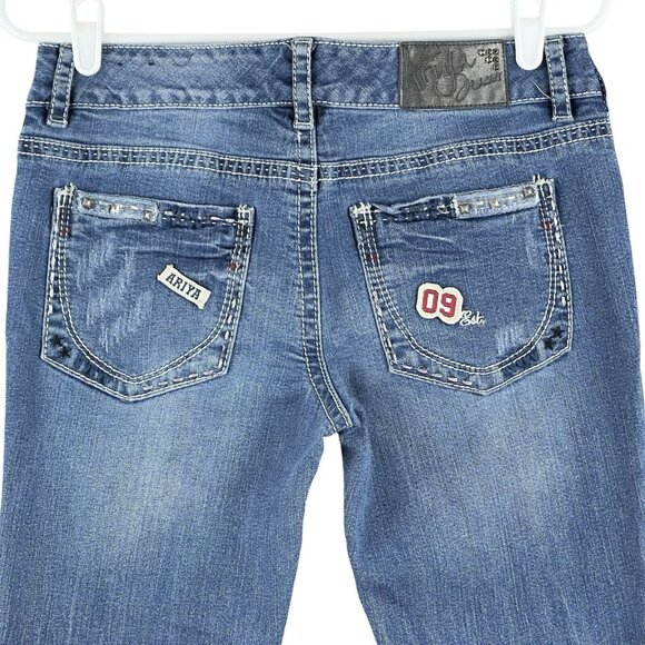 Ariya Jeans Womens Distressed Patch Studded Blue Jeans Size 7/8 Stretch Boot Cut - Picture 4 of 14